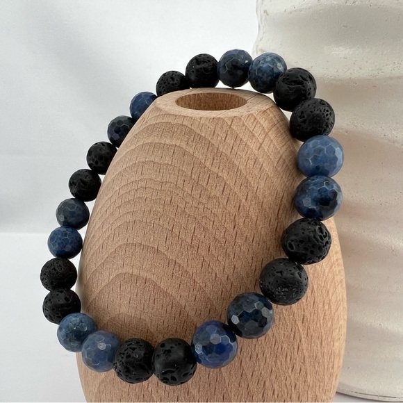 BLUE Dumortierite Quartz and Lava Stone Stretch Beaded Bracelet - Picture 14 of 14